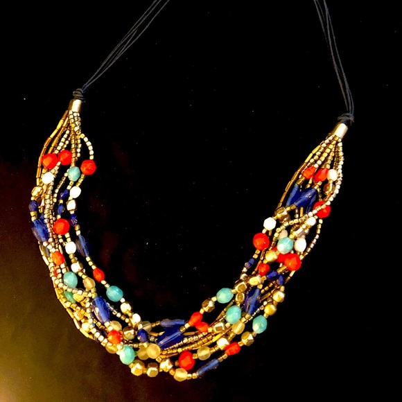 J.Crew red, blue and metal beaded cord necklace